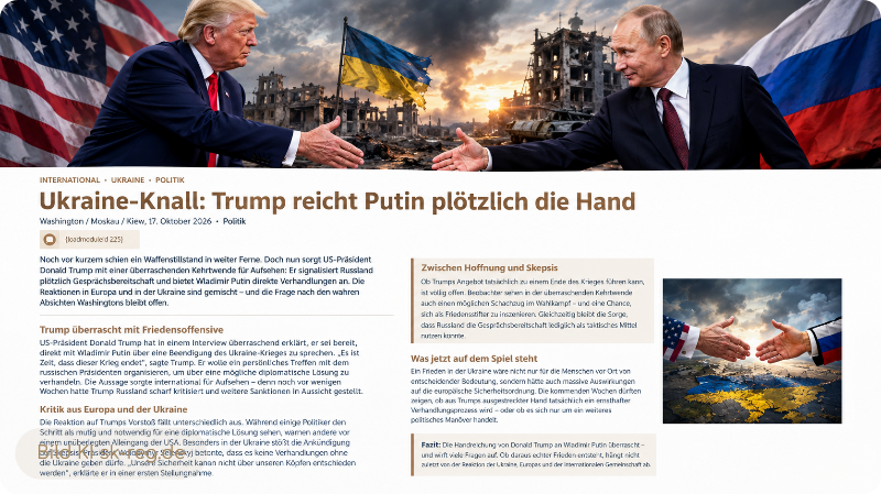 Donald Trump und Wladimir Putin vor einer vom Krieg gezeichneten Ukraine als Symbol für
    die geopolitischen Spannungen
